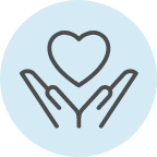 Icon of hands holding a heart, symbolizing community leadership.