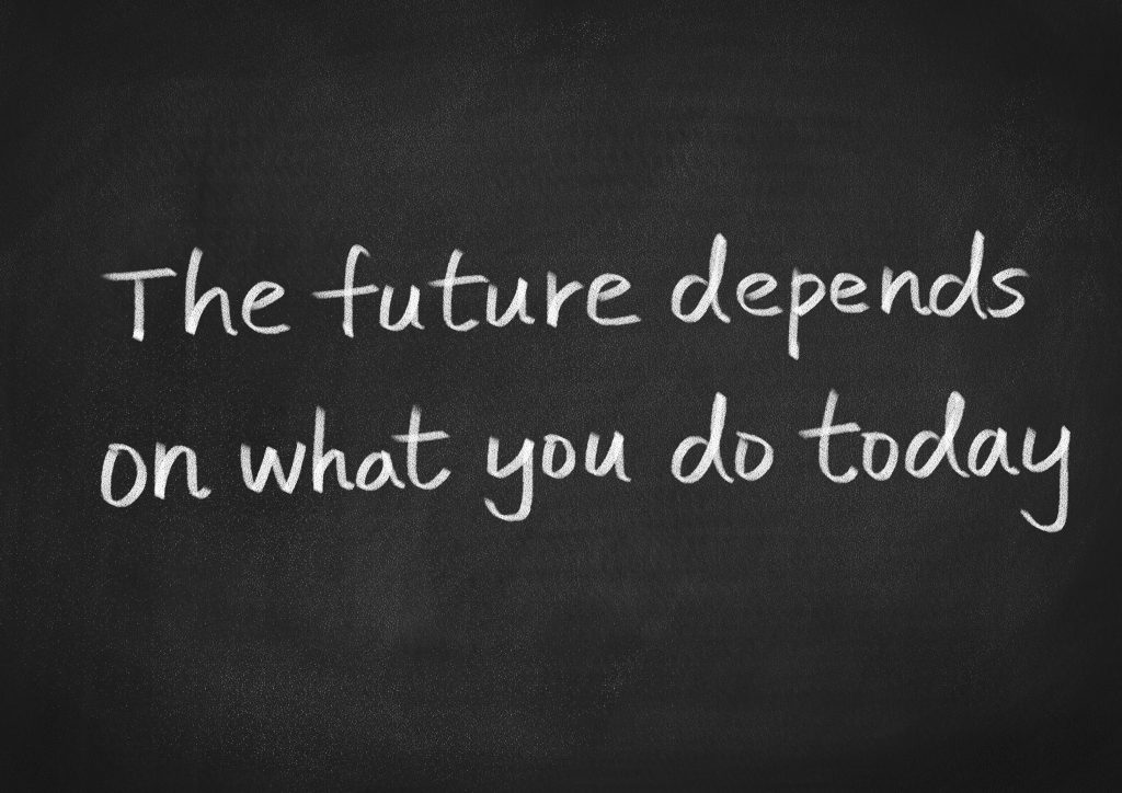 The future depends on what you do today words on a chalkboard background