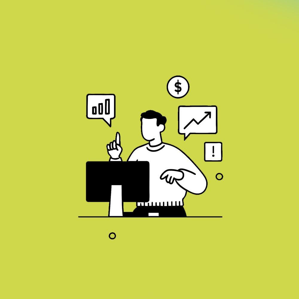 Illustration of a person working at a computer surrounded by icons representing data analytics, financial growth, alerts, and dollar signs, symbolizing strategic decision-making and performance monitoring in business.
