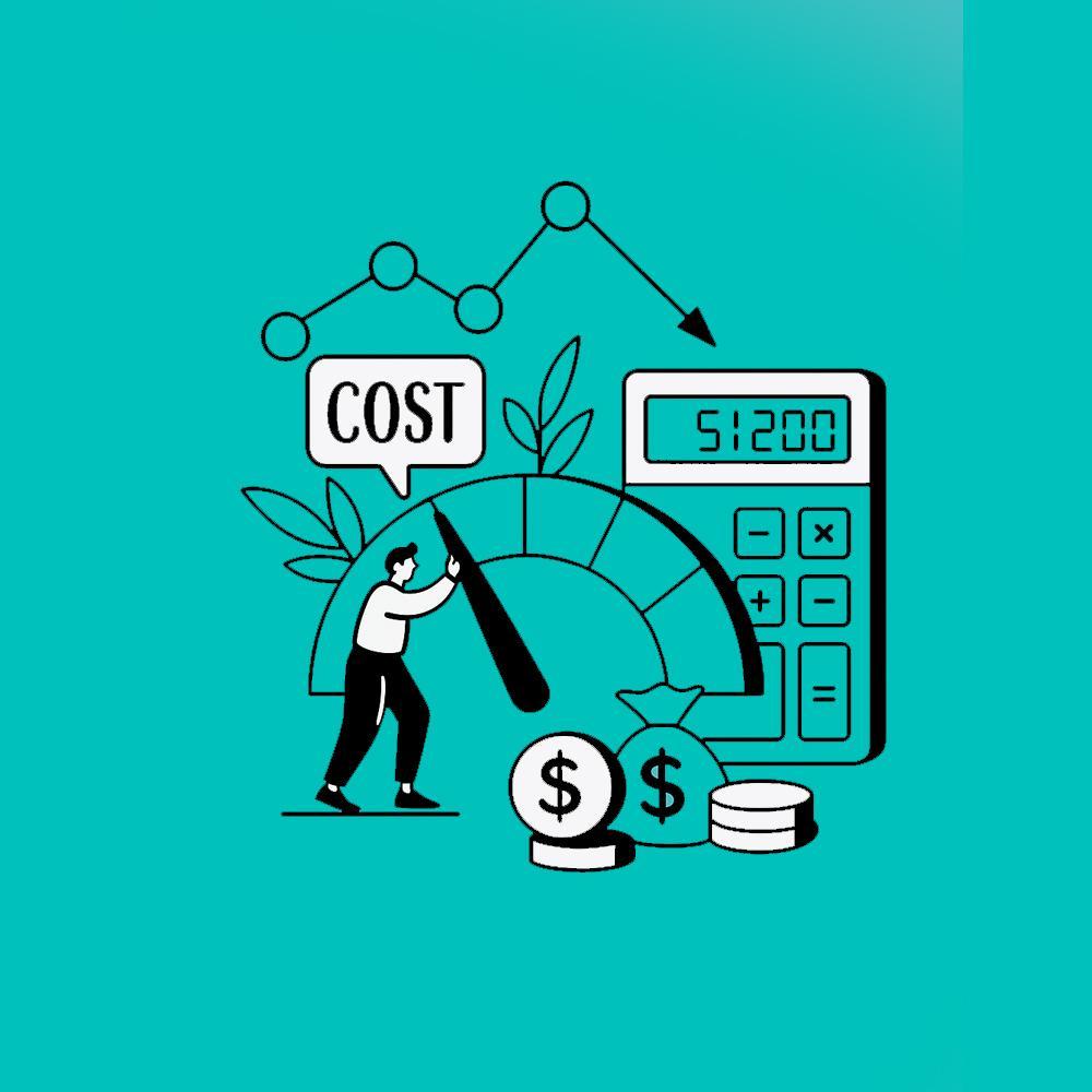 Illustration of a person adjusting a cost meter with a speech bubble labeled "COST," surrounded by dollar symbols, coins, a calculator displaying 51200, and a downward trending graph, symbolizing cost reduction and financial efficiency.